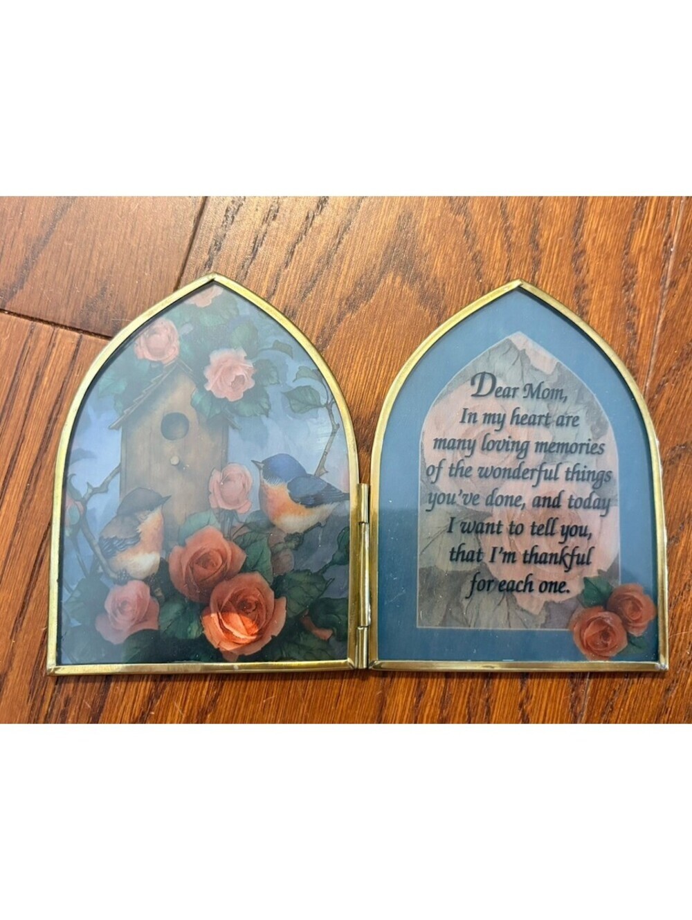Enesco Gold Hinged Frame Dear Mom Stained glass Floral with Birds